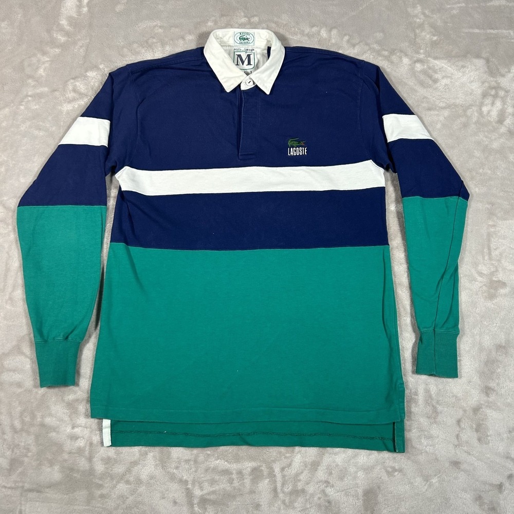 Vintage Izod Lacoste Rugby Polo Shirt Men's M Teal Colorblock Striped Preppy Y2K